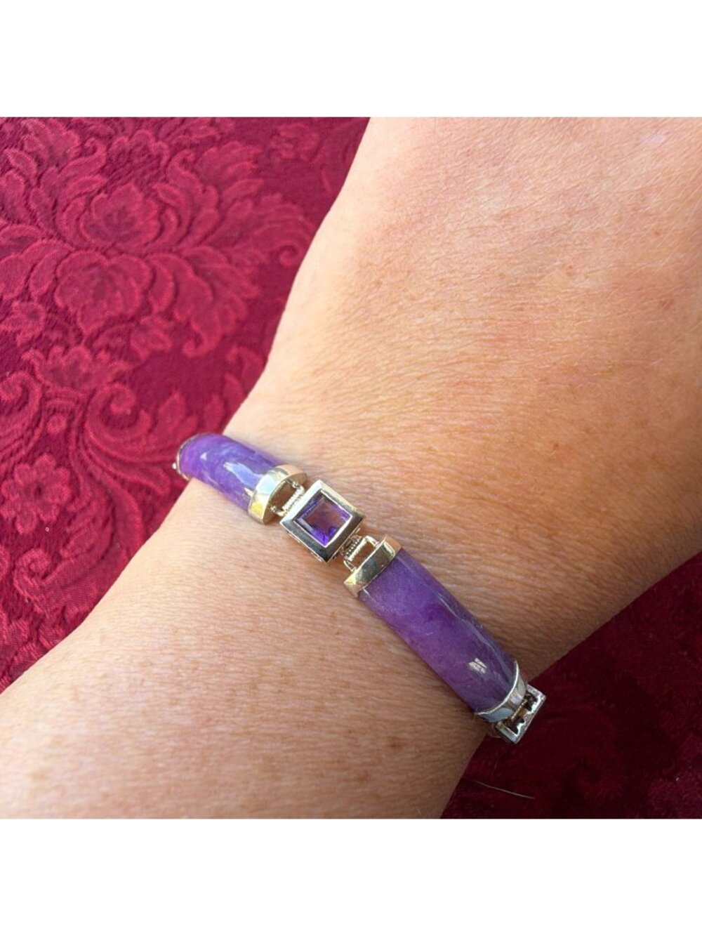 Vintage 925 Sterling Silver Purple Jade Amethyst Tennis Bracelet Asian Luck